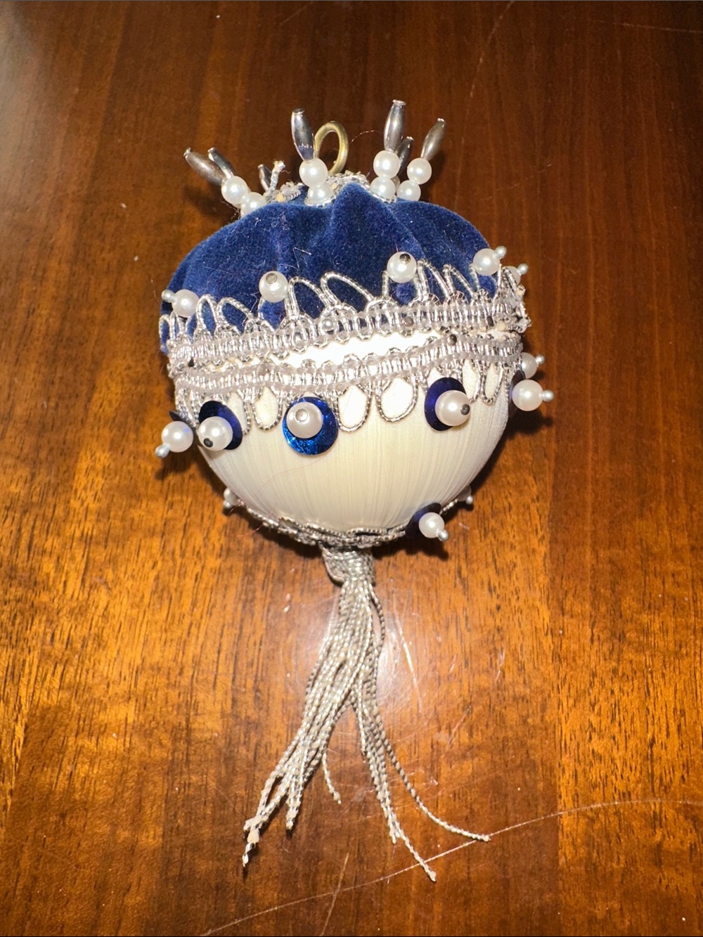 Vintage‎ Handmade Blue Velvet & Pearl Satin Push Pin Tassel Ornament